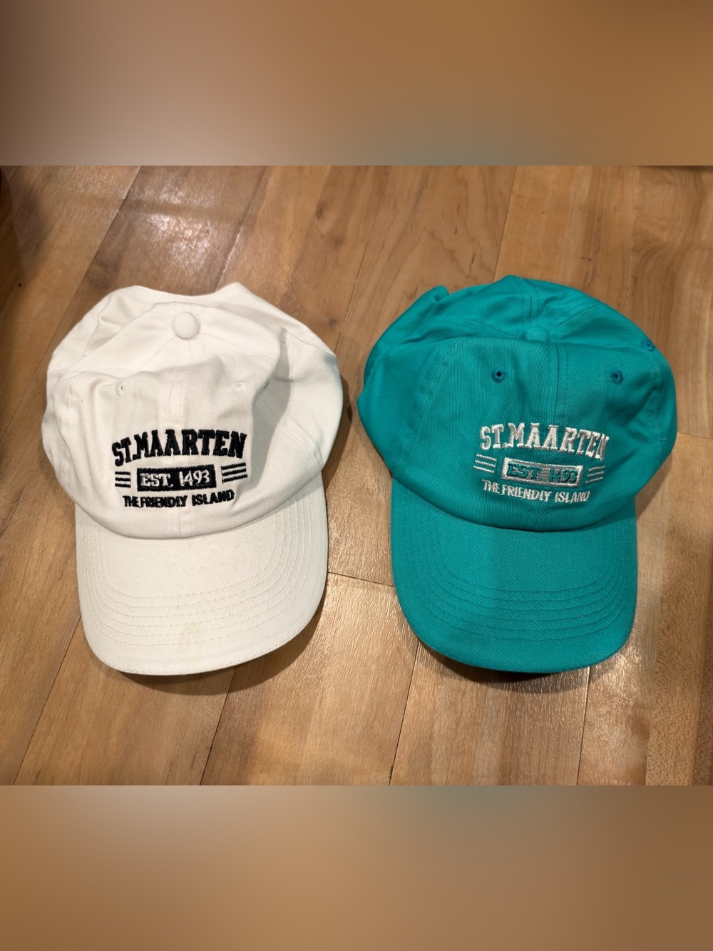 VTG St Maarten The Friendly Island Hats 2pc Set Est 1493 White Teal Adjustable